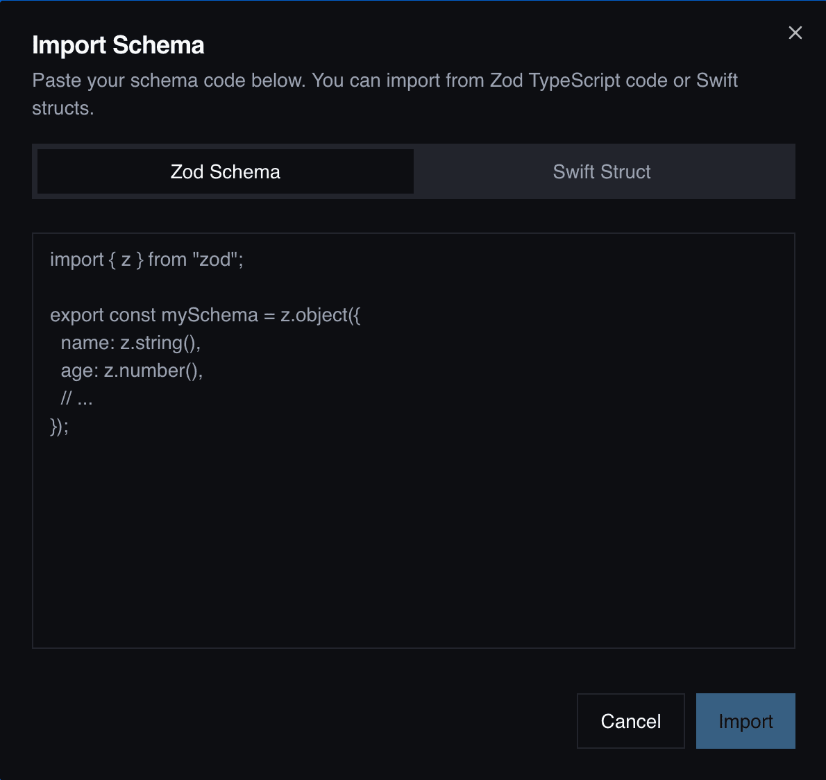 Schema Builder Import Code