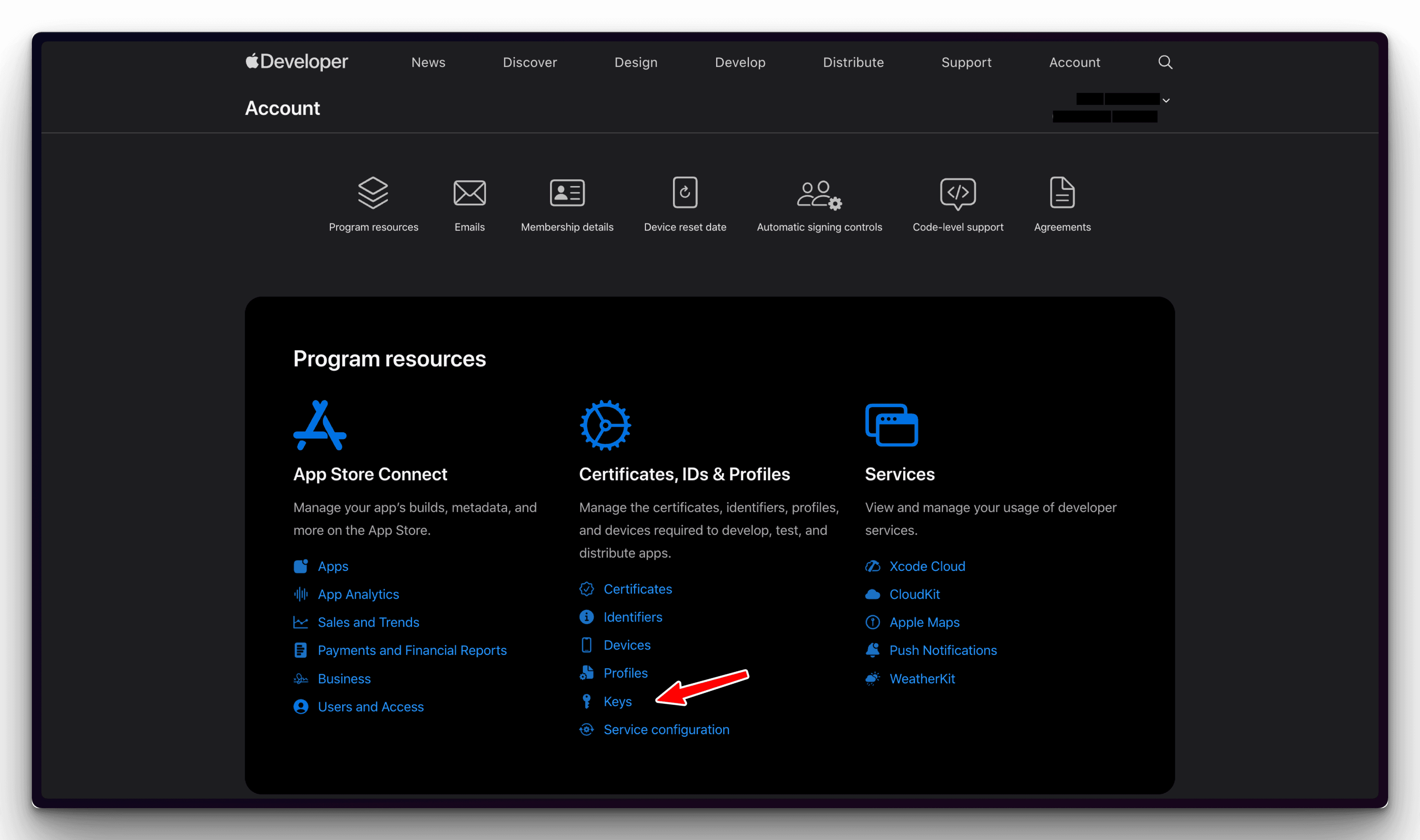 Apple Developer Account Keys section