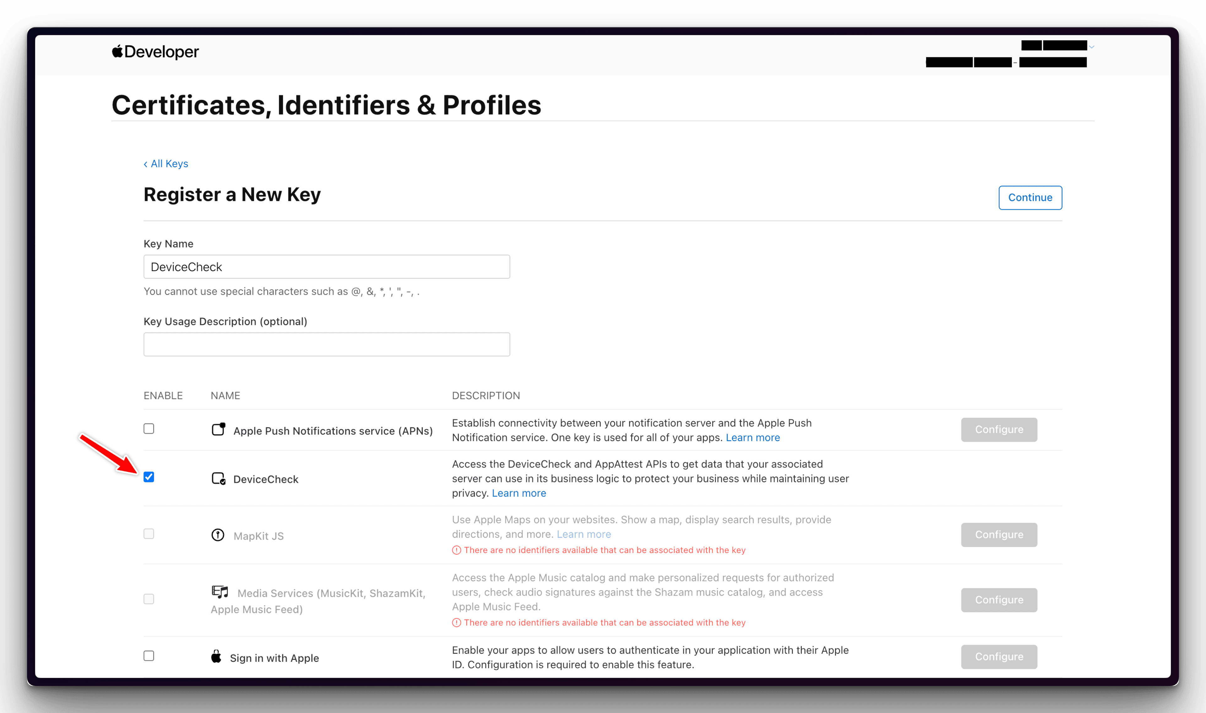 Create a DeviceCheck key